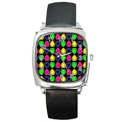 Black Blue Colorful Hearts Square Metal Watch