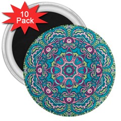 Green, Blue And Pink Mandala  3  Magnets (10 Pack) 