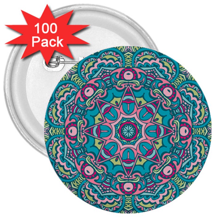 Green, Blue And Pink Mandala  3  Buttons (100 pack) 