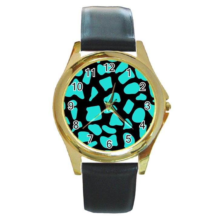 Blue Neon Cow Background   Round Gold Metal Watch