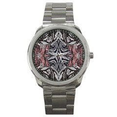 Pink Grey Repeats Symmetry Sport Metal Watch by kaleidomarblingart