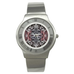 Pink Grey Repeats Symmetry Stainless Steel Watch by kaleidomarblingart