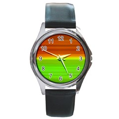 Orange And Green Blur Abstract Print Round Metal Watch