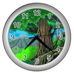 Green Forest Tropical Jungle Tree Wood Nature Wall Clock (silver) by Wegoenart