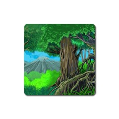 Green Forest Tropical Jungle Tree Wood Nature Square Magnet by Wegoenart