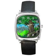 Green Forest Tropical Jungle Tree Wood Nature Square Metal Watch by Wegoenart