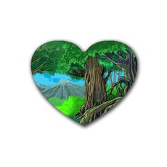 Green Forest Tropical Jungle Tree Wood Nature Rubber Coaster (heart) by Wegoenart