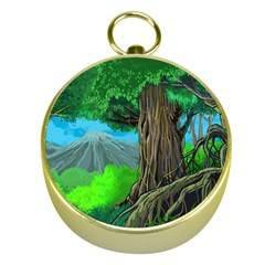 Green Forest Tropical Jungle Tree Wood Nature Gold Compasses by Wegoenart