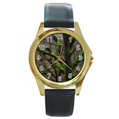 Tree Moss Forest Bark Wood Trunk Round Gold Metal Watch by Wegoenart