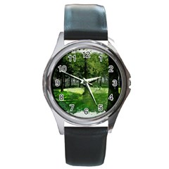 Beeches Trees Tree Lawn Forest Nature Round Metal Watch by Wegoenart