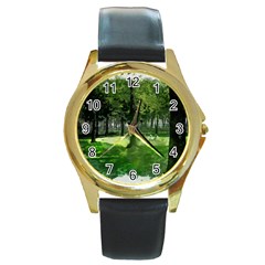 Beeches Trees Tree Lawn Forest Nature Round Gold Metal Watch by Wegoenart