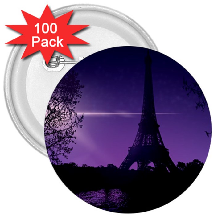 Eiffel Tower Paris-nigh Silhouette 3  Buttons (100 pack) 