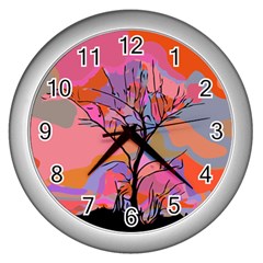 Tree Landscape Abstract Nature Colorful Scene Wall Clock (silver) by danenraven