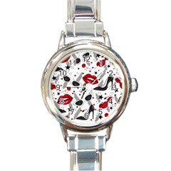 Red Lips Black Heels Pattern Round Italian Charm Watch by Jancukart