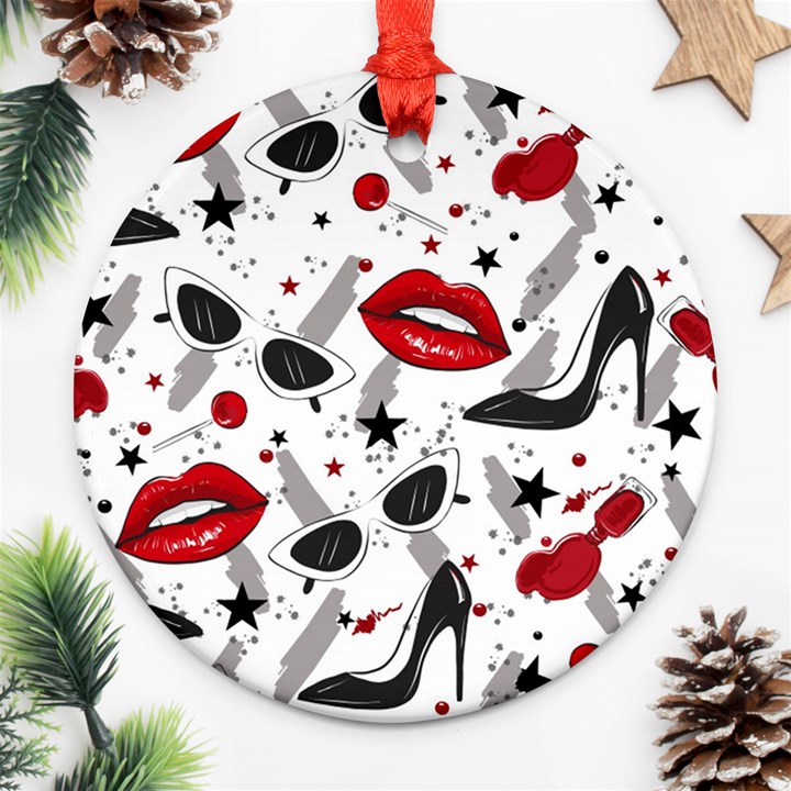 Red Lips Black Heels Pattern Ornament (Round)