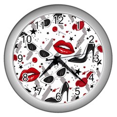 Red Lips Black Heels Pattern Wall Clock (silver) by Jancukart