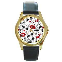 Red Lips Black Heels Pattern Round Gold Metal Watch by Jancukart