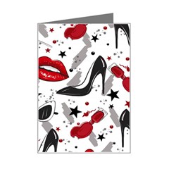 Red Lips Black Heels Pattern Mini Greeting Card by Jancukart