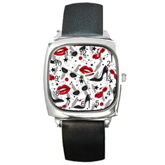 Red Lips Black Heels Pattern Square Metal Watch by Jancukart