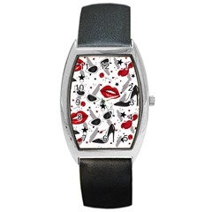 Red Lips Black Heels Pattern Barrel Style Metal Watch by Jancukart