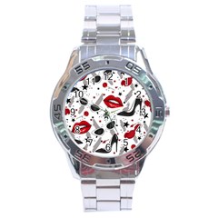 Red Lips Black Heels Pattern Stainless Steel Analogue Watch by Jancukart