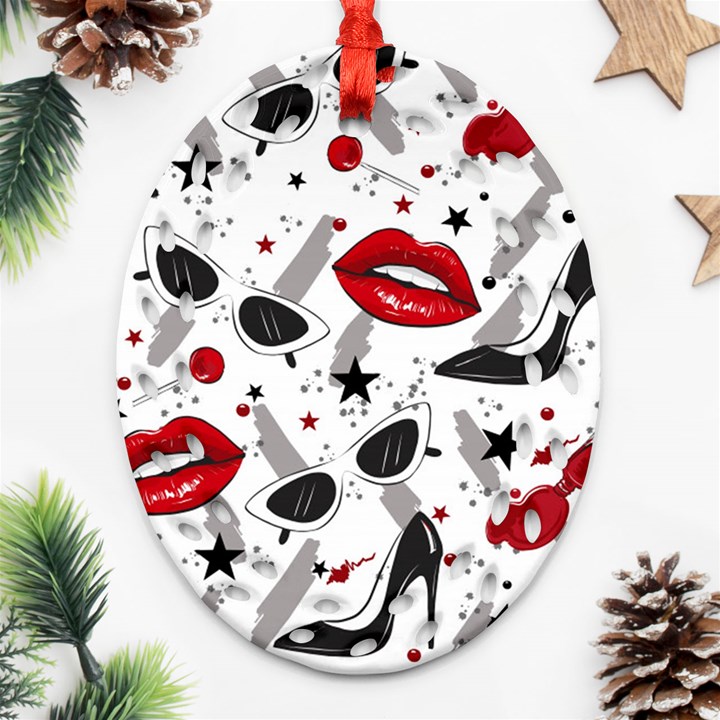 Red Lips Black Heels Pattern Ornament (Oval Filigree)