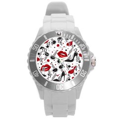 Red Lips Black Heels Pattern Round Plastic Sport Watch (l)