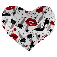 Red Lips Black Heels Pattern Large 19  Premium Heart Shape Cushions by Jancukart