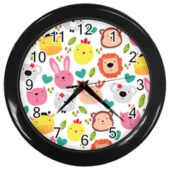 Cute Animals Cartoon Seamless Background Wall Clock (black) by danenraven