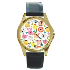 Cute Animals Cartoon Seamless Background Round Gold Metal Watch by danenraven