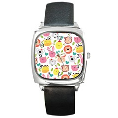 Cute Animals Cartoon Seamless Background Square Metal Watch by danenraven