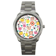 Cute Animals Cartoon Seamless Background Sport Metal Watch by danenraven