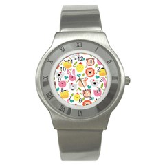 Cute Animals Cartoon Seamless Background Stainless Steel Watch by danenraven