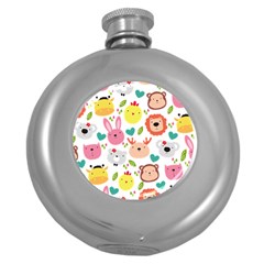 Cute Animals Cartoon Seamless Background Round Hip Flask (5 Oz) by danenraven