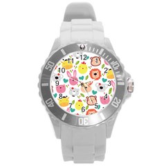 Cute Animals Cartoon Seamless Background Round Plastic Sport Watch (l) by danenraven