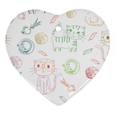 Cats And Food Doodle Seamless Pattern Ornament (heart) by danenraven