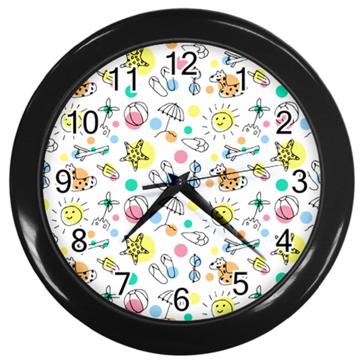 Summer Pattern Colorful Drawing Doodle Wall Clock (Black)