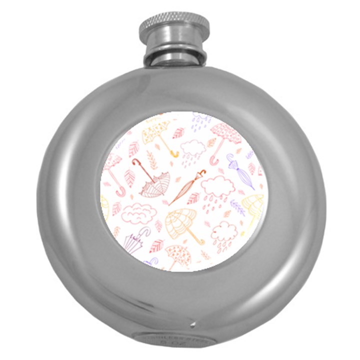 Weather Umbrella Rain Cloud Seamless Doodle Pattern Round Hip Flask (5 oz)