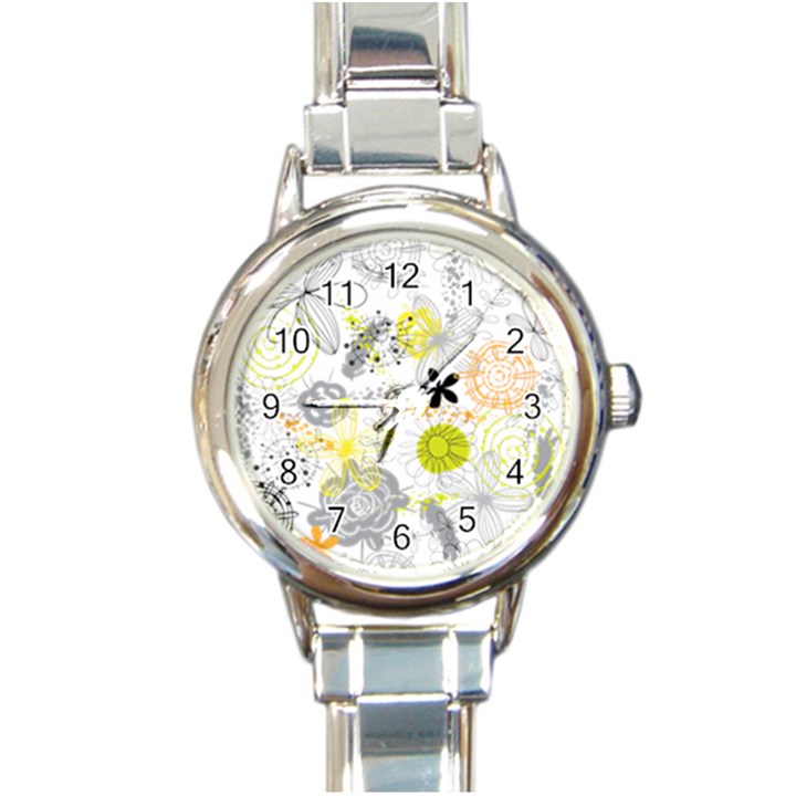 Doodle Flowers Hand Drawing Pattern Round Italian Charm Watch