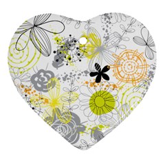 Doodle Flowers Hand Drawing Pattern Heart Ornament (two Sides)