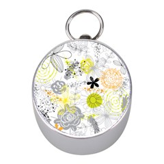 Doodle Flowers Hand Drawing Pattern Mini Silver Compasses by danenraven