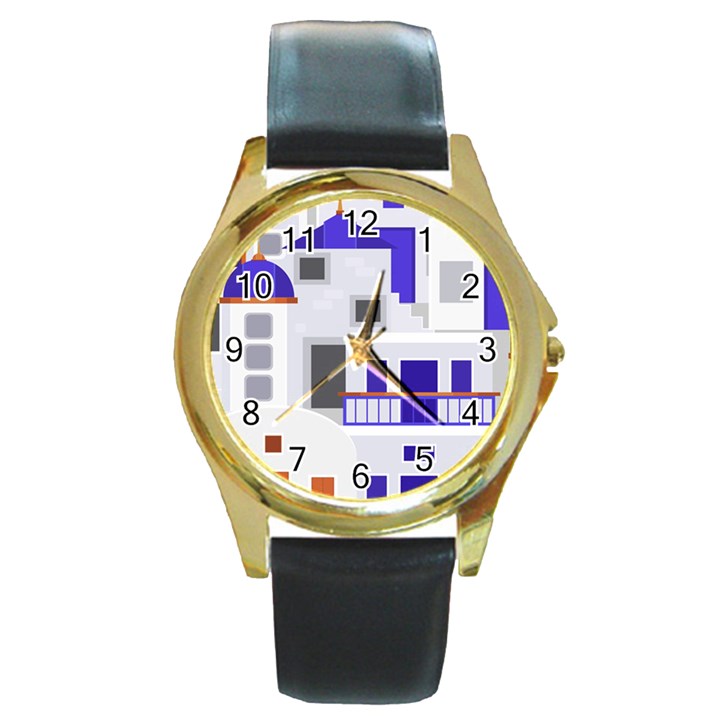 Background Santorini Greece Round Gold Metal Watch