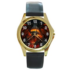 Red And Black Dragon Fire Round Gold Metal Watch by danenraven