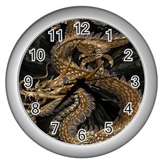 Gold And Silver Dragon Illustration Chinese Dragon Animal Wall Clock (Silver)