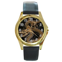 Gold And Silver Dragon Illustration Chinese Dragon Animal Round Gold Metal Watch by danenraven