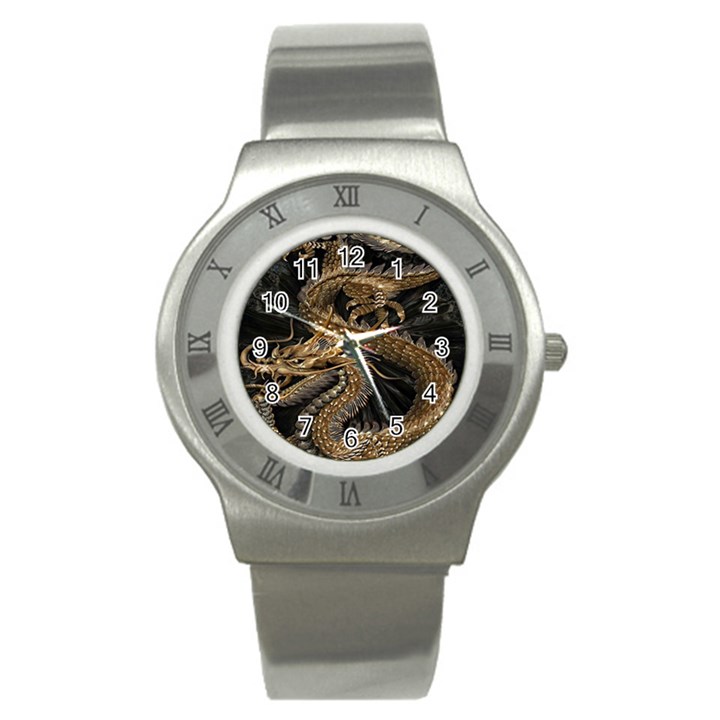 Gold And Silver Dragon Illustration Chinese Dragon Animal Stainless Steel Watch