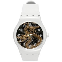 Gold And Silver Dragon Illustration Chinese Dragon Animal Round Plastic Sport Watch (m) by danenraven