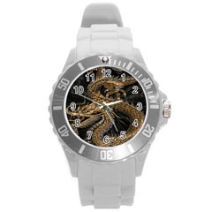 Gold And Silver Dragon Illustration Chinese Dragon Animal Round Plastic Sport Watch (l) by danenraven