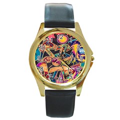 Doodle Wallpaper Texture Grafiti Multi Colored Art Round Gold Metal Watch