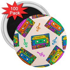 Seamless Pattern With Colorful Cassettes Hippie Style Doodle Musical Texture Wrapping Fabric Vector 3  Magnets (100 Pack) by Ravend